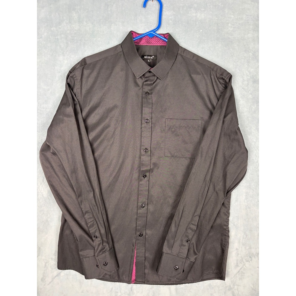 Alizeal Mens Black Long Sleeve Dress Shirt Magenta Contrast Trim Size XL
